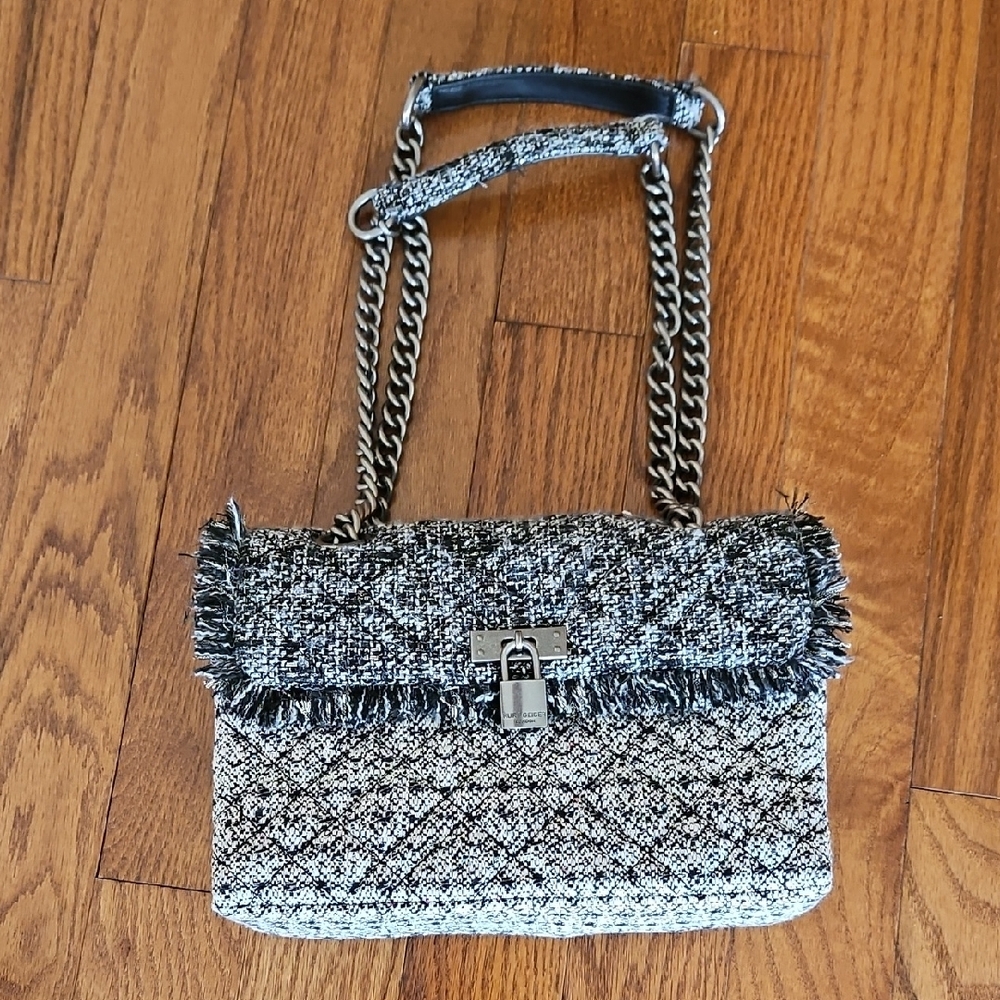 Kurt Geiger Tweed Chain-Handle Shoulder Bag in Black & White